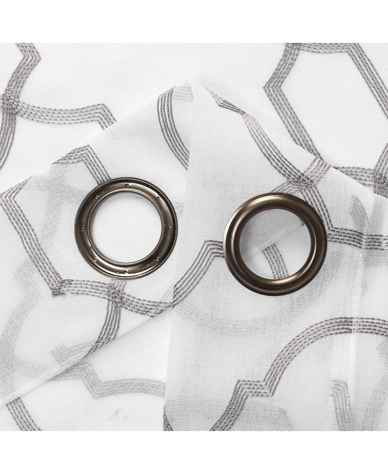 Kate Aurora Transcendence 1 Piece Grommet Top Embroidered Sheer Trellis Clover Window Curtain Panel - Silver