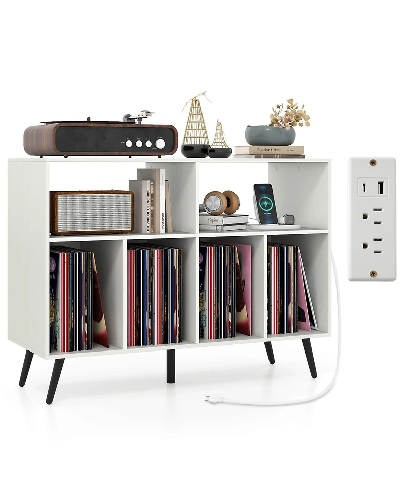 Costway Large Record Player Stand Cabinet with Built-in Power Outlet Open Shelves