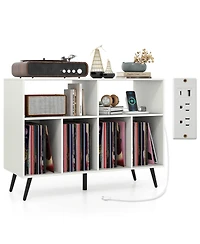 Costway Large Record Player Stand Cabinet with Built-in Power Outlet Open Shelves