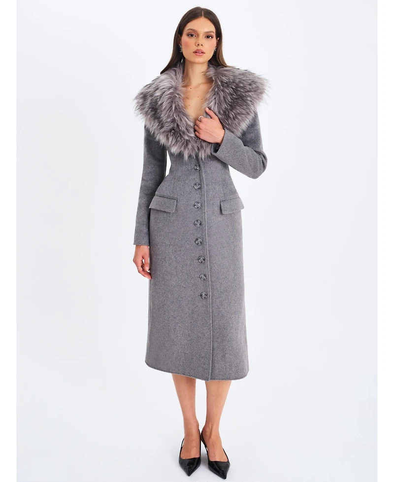 Miss Circle Women's Faye Grey Wool Blend Single-Breasted Coat with Removable Faux Fur Collar
