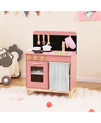 Gymax Play Kitchen for Kids w/ Door Curtain Stoves Sink & Oven Cookware Accessories