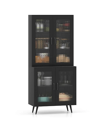 Kitchen Pantry Cabinet with Translucent Fluted Doors & Adjustable Shelf