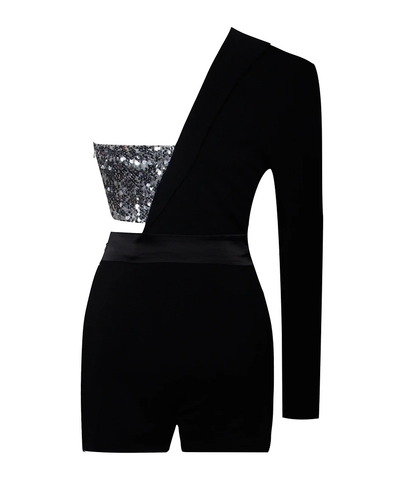 Miss Circle Women's Skylynn Sequin Black One Sleeve Blazer Romper