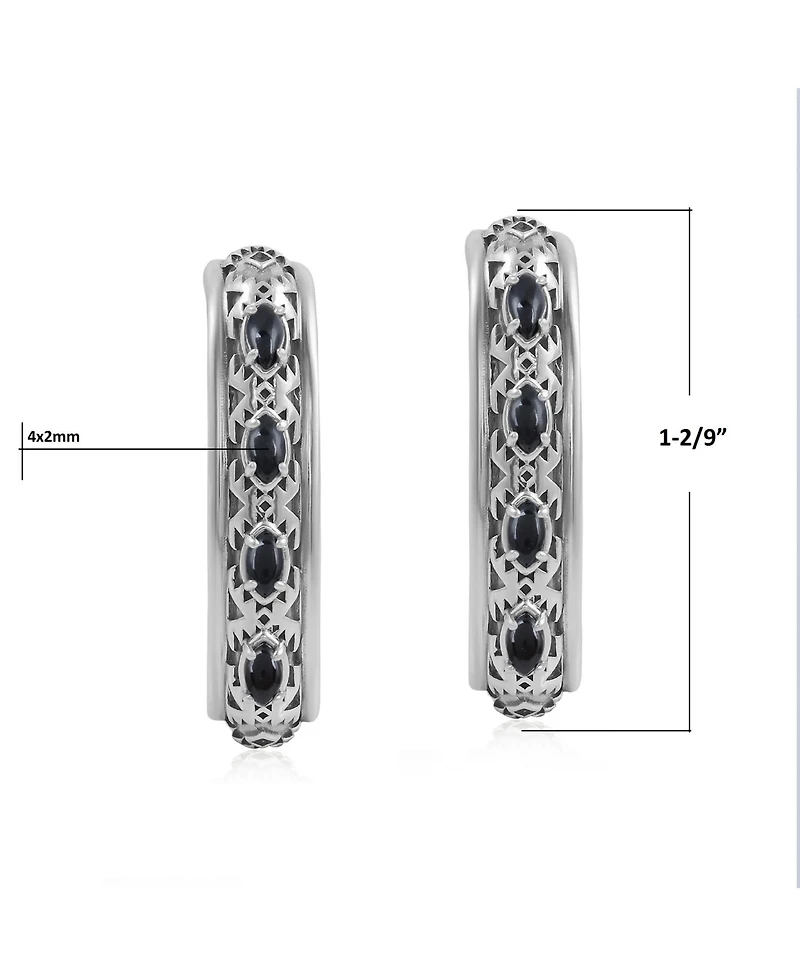 American West Jewelry Sterling Silver Black Onyx Patterned J-Hoop 1 Inch Earrings