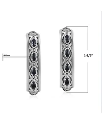 American West Jewelry Sterling Silver Black Onyx Patterned J-Hoop 1 Inch Earrings