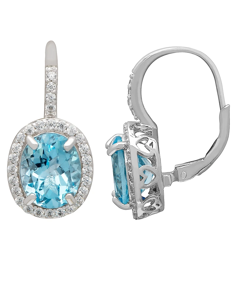 Macy's Lab Grown Blue Sapphire (6-1/3 ct. t.w.) & White (1/2 Halo Oval Leverback Earrings Sterling Silver