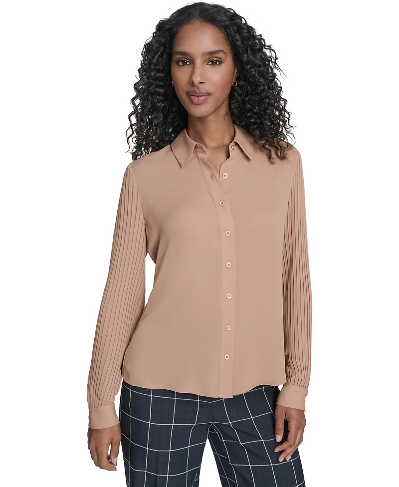 Tommy Hilfiger Women's Pleated Sleeve Button-Up Blouse