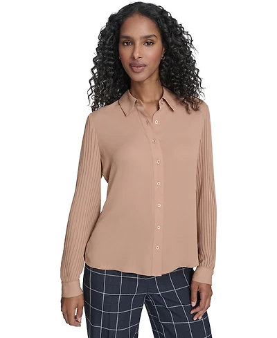 Tommy Hilfiger Women's Pleated Sleeve Button-Up Blouse