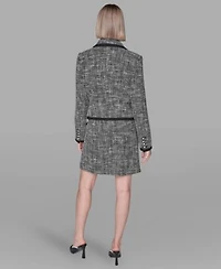 Karl Lagerfeld Paris Womens Cropped Open Front Tweed Jacket Long Sleeve Top Knee Length Tweed Skirt