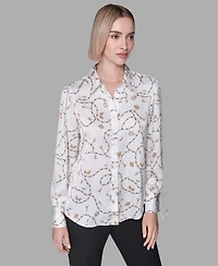Karl Lagerfeld Paris Women's Collared Printed Long-Sleeve Top