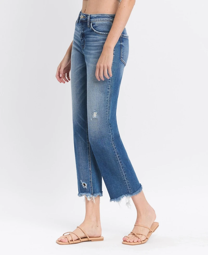 Flying Monkey Women's High Rise Frayed Hem Crop Straight Jeans