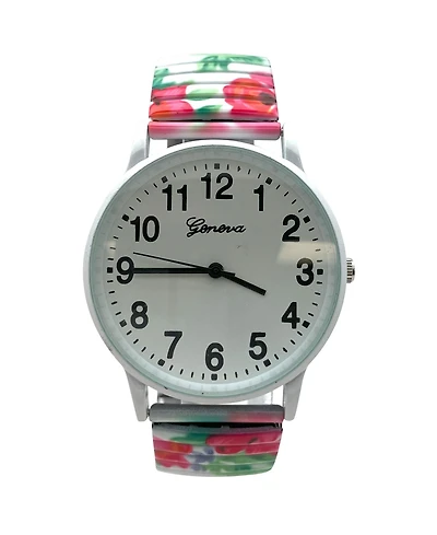 Olivia Pratt White Flowers Big Dial Easy Reader Watch Abstract Elastic Stretch Band Wristwatch Women Watch