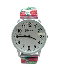 Olivia Pratt White Flowers Big Dial Easy Reader Watch Abstract Elastic Stretch Band Wristwatch Women Watch