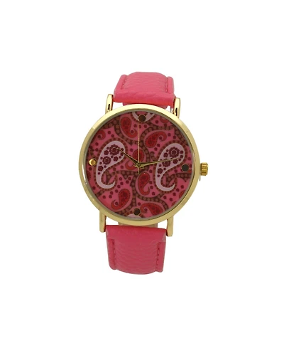 Pink Paisley Face Leather Strap Watch