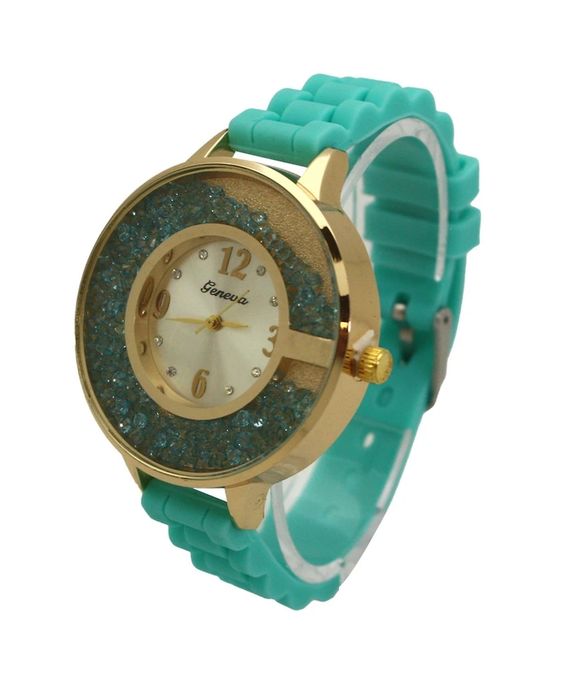 Olivia Pratt Mint Floating Colorful Stones Silicone Strap Watch