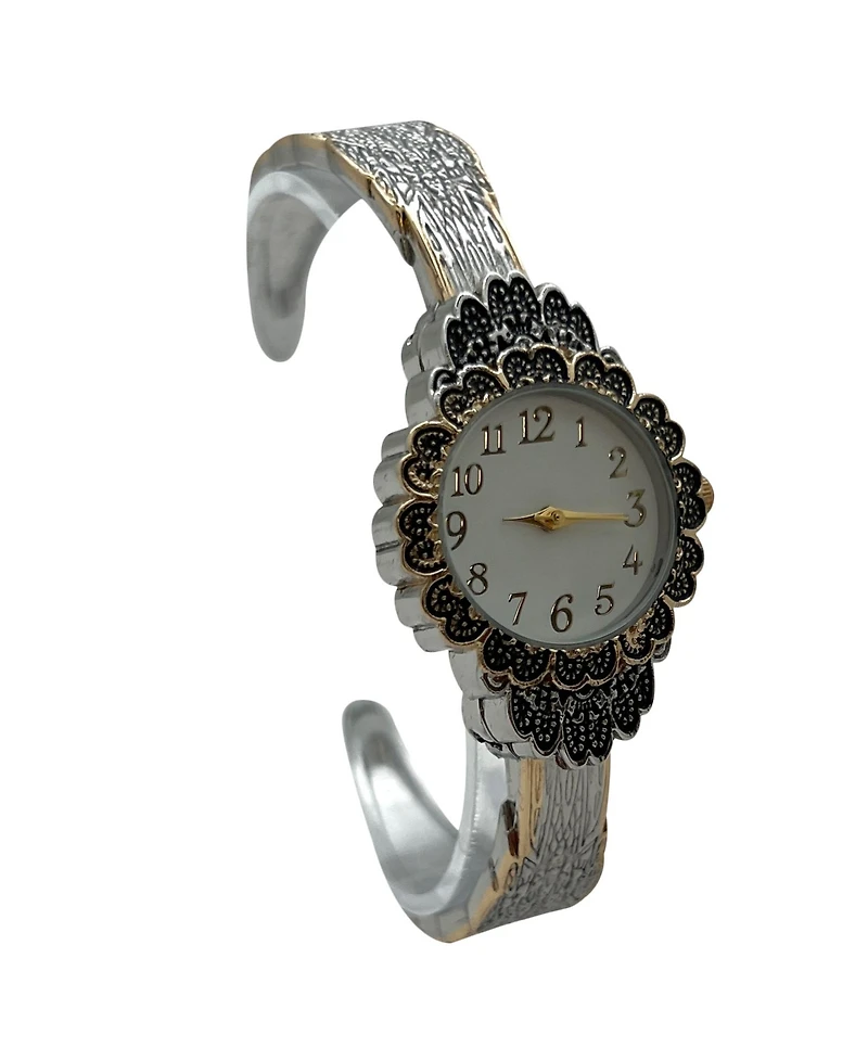 Olivia Pratt Two Tone Elegant Flower Detailed Face Bangle Women Watch