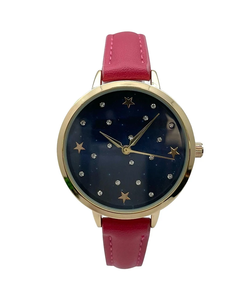 Olivia Pratt Stars and Rhinestones Faux Leather Women Watch, Hot Pink