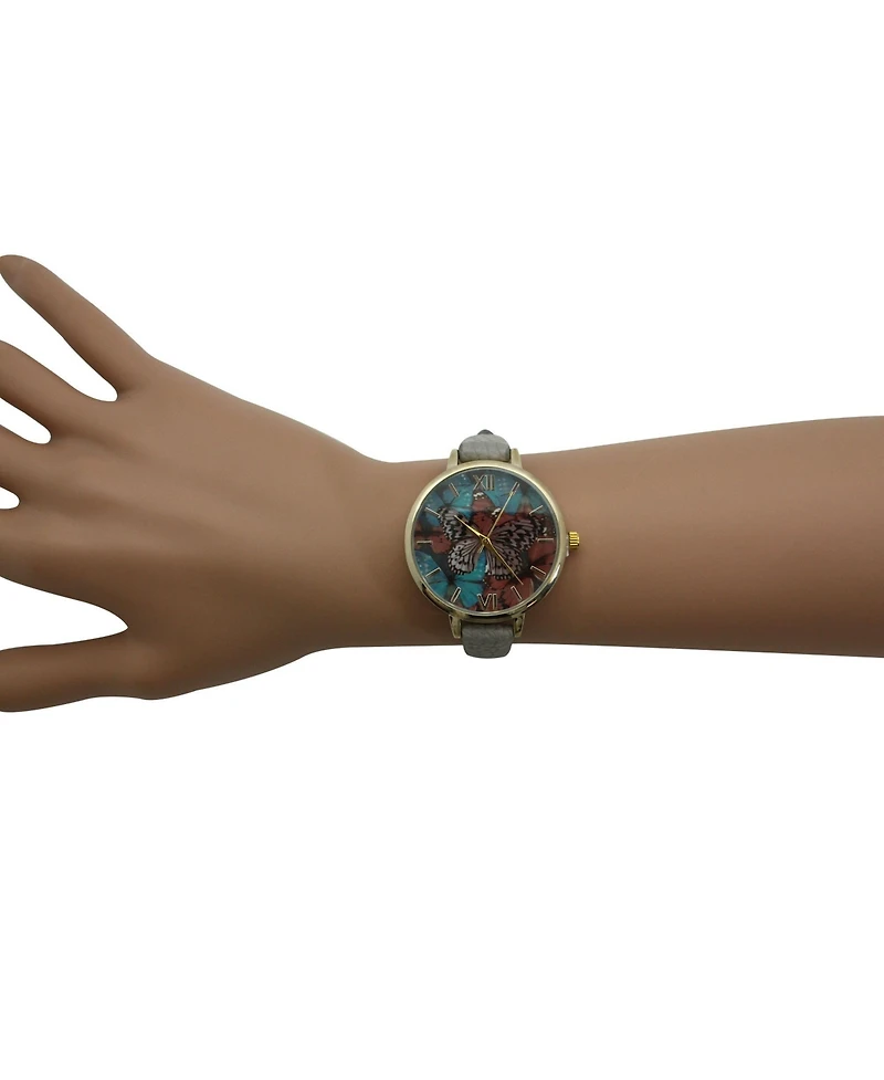 Olivia Pratt Gray Faux Leather Butterflies Dial Women Watch