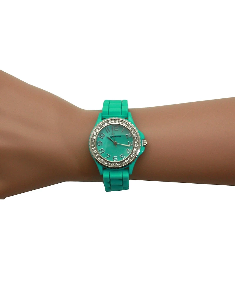 Olivia Pratt Teal Every Day Thin Band Silicone and Rhinestones Colorful Women Watch