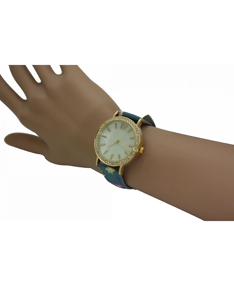 Colorful Flowers and Denim Strap Watch