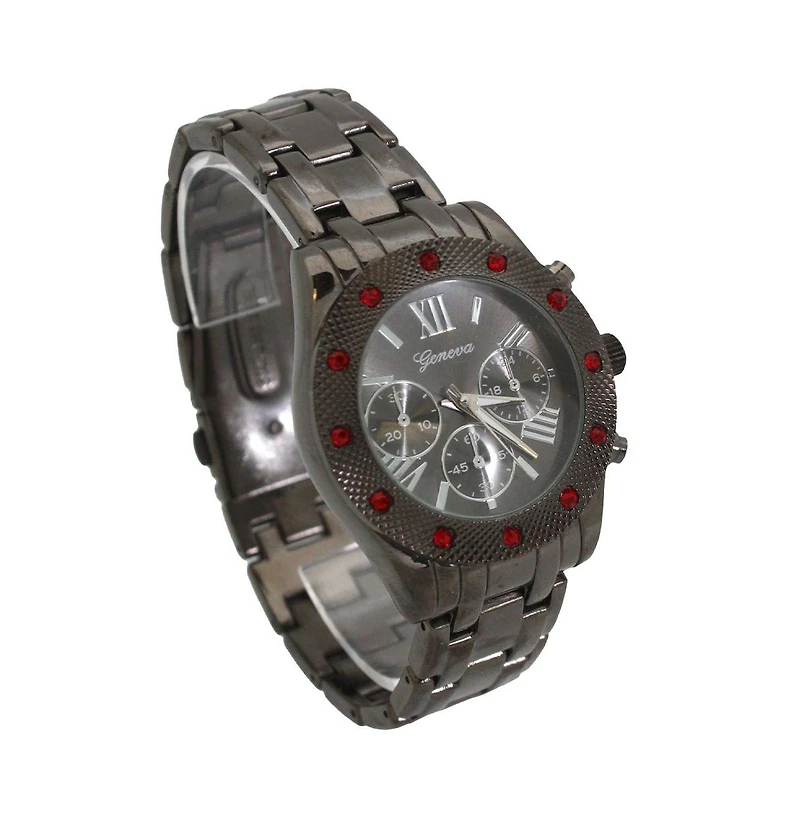 Olivia Pratt Gunmetal Women's Red Rhinestone Detail Boyfriend Metal Watch
