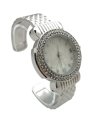 Olivia Pratt Silver Round Face Rhinestone Bezel Bangle Women Watch