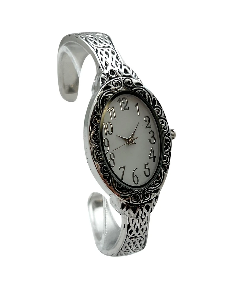Olivia Pratt Silver Oval Face Elegant Textured Bangle Women Watch