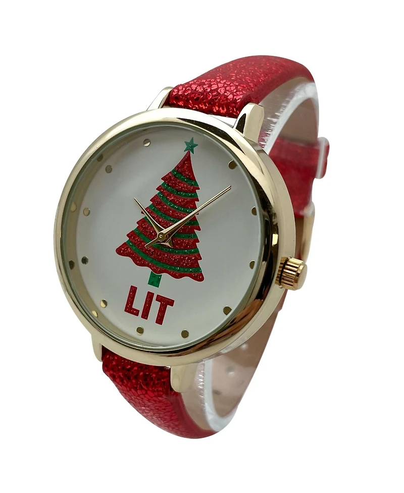 Olivia Pratt Shiny Red Faux Leather Christmas Themed Women Watches