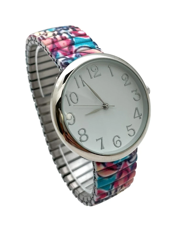 Olivia Pratt Multi Big Dial Easy Reader Watch Printed Elastic Stretch Band Wristwatch Women Watch