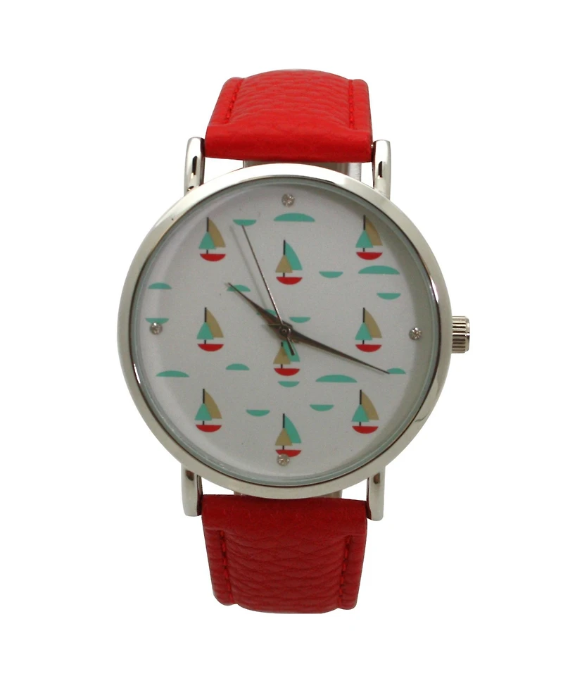 Oliva Pratt Red Faux Leather Sailing Boats Dial Women Watch