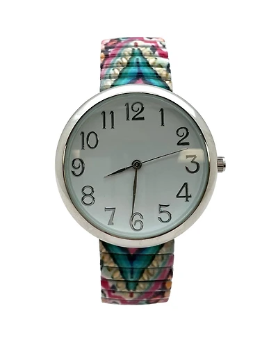 Olivia Pratt Mix Colors Big Dial Easy Reader Watch Printed Elastic Stretch Band Wristwatch Women Watch