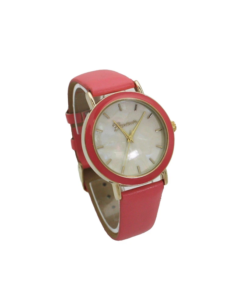 Olivia Pratt Bubble Pink Colored Case Pearl Dial Leather Strap Watch