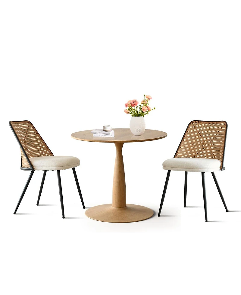 3-Piece 34.5 Inch Round Dining Set with Wood-Look Pedestal Table and 2 Upholstered Rattan Back Chairs with Black Metal Legs-Maison Boucle