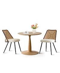 3-Piece 34.5 Inch Round Dining Set with Wood-Look Pedestal Table and 2 Upholstered Rattan Back Chairs with Black Metal Legs-Maison Boucle