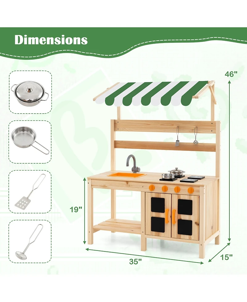 Gymax Kids Mud Kitchen Outdoor Wooden Pretend Play Kitchen w/ 4 Stoves, Canopy Faucet