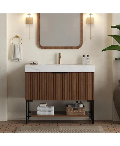 Streamdale Carrara Stone Top Vanity: Walnut Cabinet, Ceramic Basin