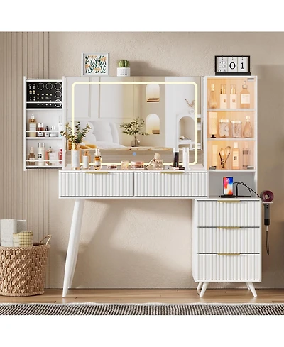 Streamdale Vanity Desk with Mirror & Lights, Glass Top Makeup Table