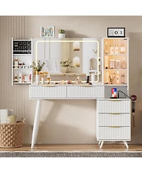 Streamdale Vanity Desk with Mirror & Lights, Glass Top Makeup Table