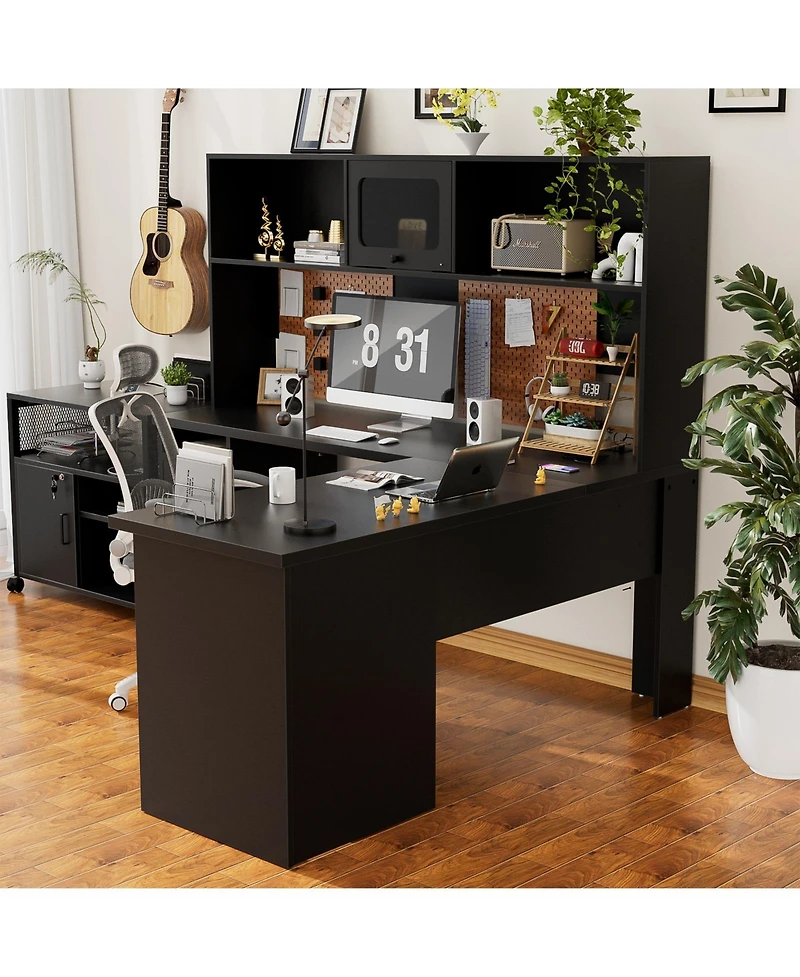 L Shaped Desk with Hutch, Corner Workstation Charge Station and File Cabinet