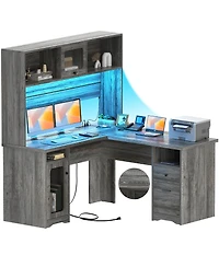 L Shaped Desk with Hutch, Corner Workstation Charge Station and File Cabinet