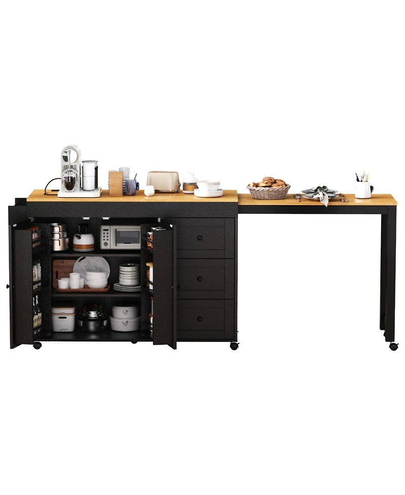 Streamdale Kitchen Island w/ Extendable Table, 3 Drawers, Outlet, Wheels, Spice Rack - Black