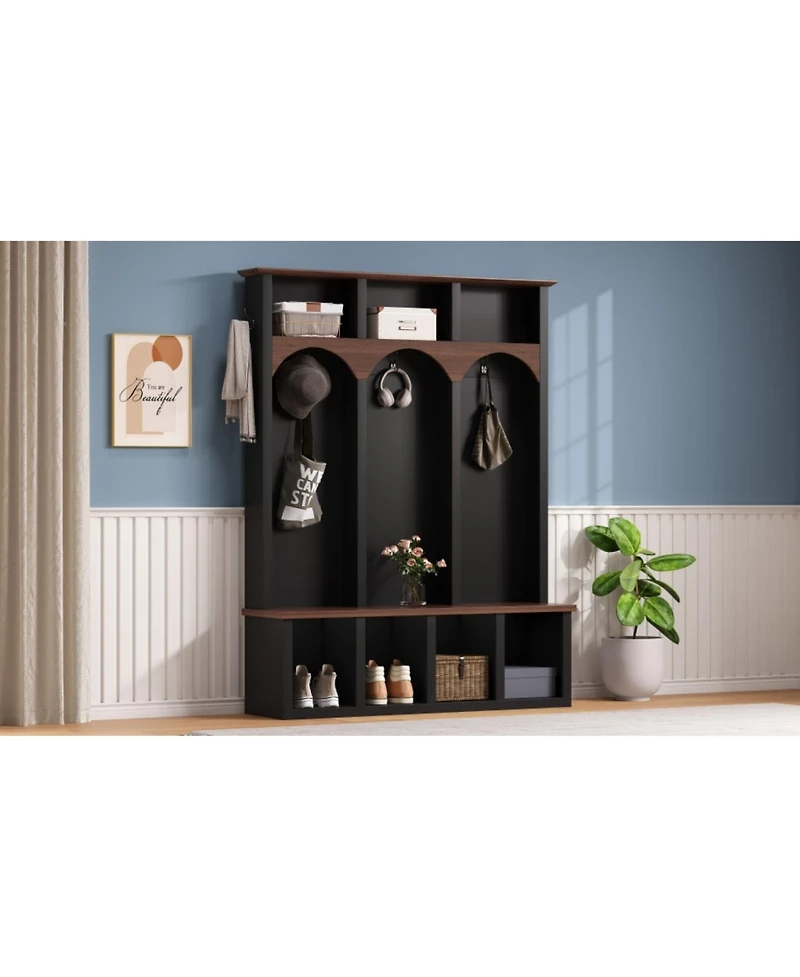 Streamdale Farmhouse Hall Tree Bench Shoe Cabinet - Walnut & Black