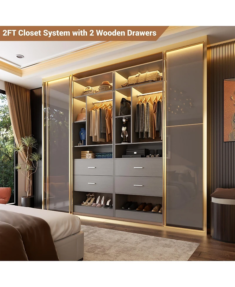 Aheaplus 23.6'' Freestanding Closet System with 2 Drawers and 6 Shelves, 2FT Small Walk-in Organizer Hanging Rod