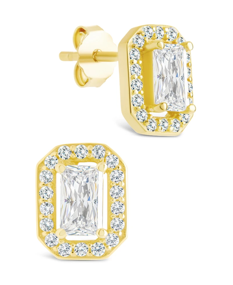 Sterling Forever Silver Emerald Cut Brilliant Halo Studs