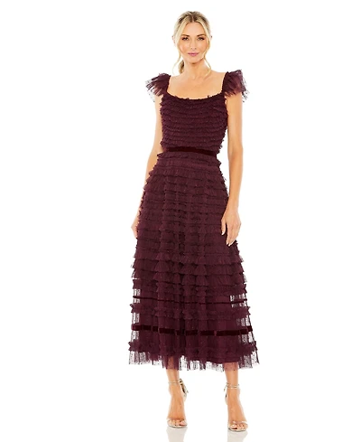 Mac Duggal Women's Ruffle Cap Sleeve Embellished Tiered Midi Dress