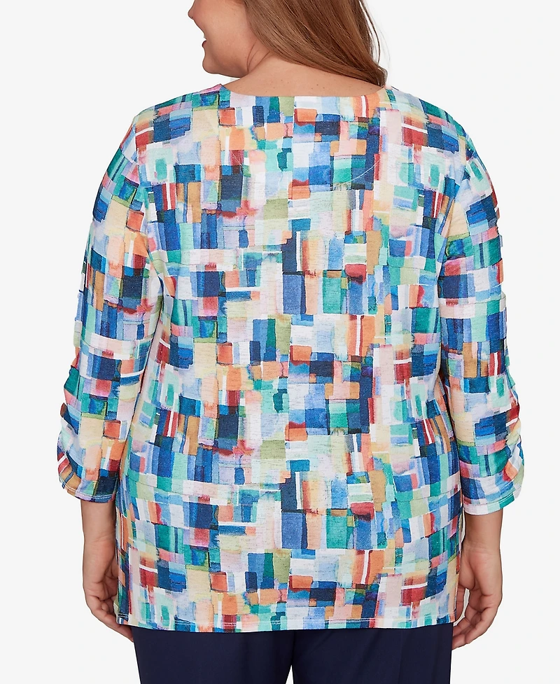 Alfred Dunner Plus Saratoga Springs Tile Print Colorblock Textured Top