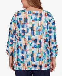 Alfred Dunner Plus Saratoga Springs Tile Print Colorblock Textured Top
