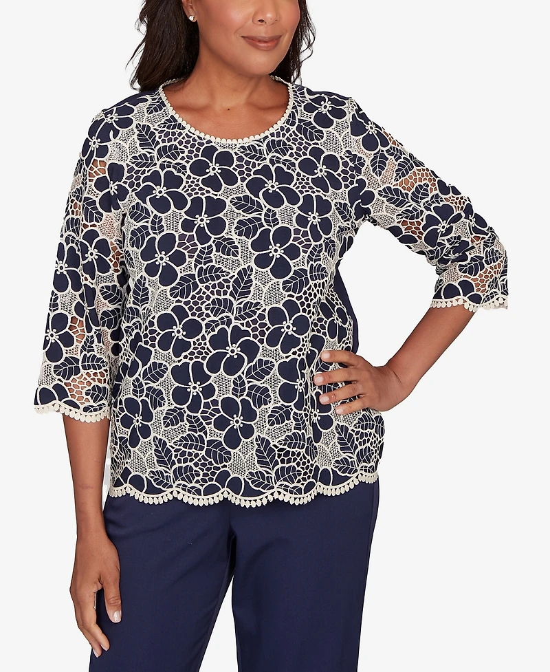 Alfred Dunner Plus Saratoga Springs Floral Lace Trim Soft Knit Top