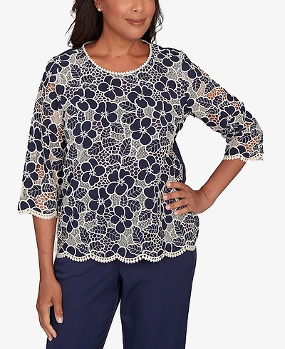 Alfred Dunner Plus Saratoga Springs Floral Lace Trim Soft Knit Top