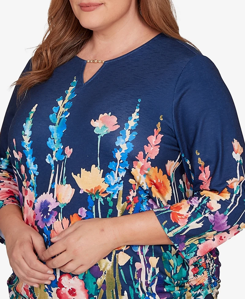 Alfred Dunner Plus Saratoga Springs Vertical Floral Border Knit Top